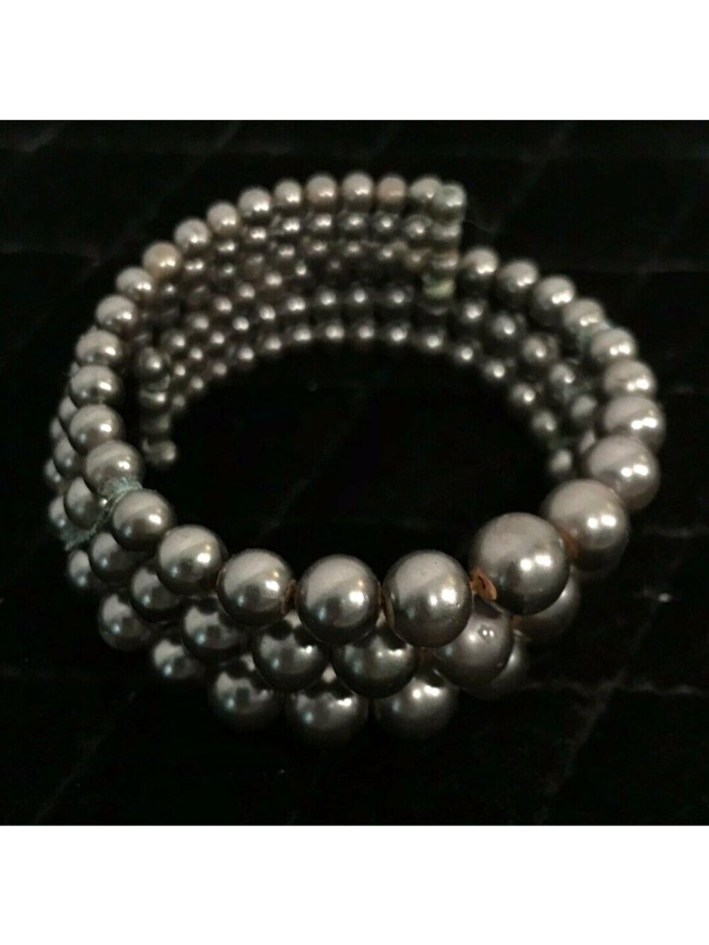Vintage 1960's Black Pearl Bangle Bracelet Triple Strand Graduated Stretch Band